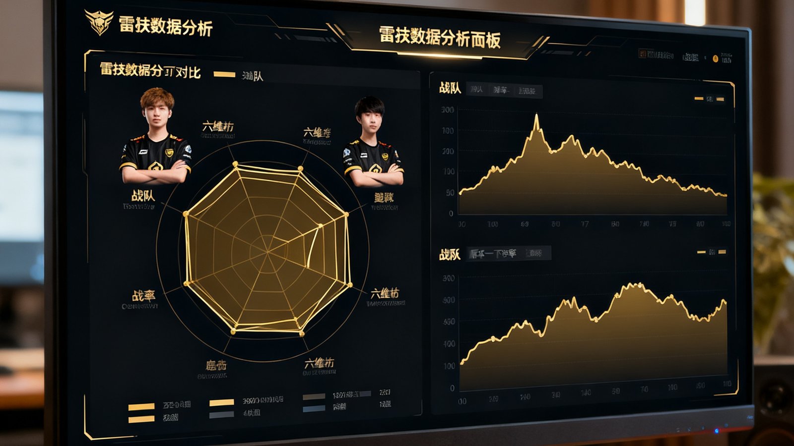 一台宽屏显示器上展示着雷竞技的数据分析面板，左侧是两位职业选手的六维雷达图对比，右侧是战队在不同版本下的胜率变化曲线，图表采用深色主题配以金色数据线条，专业感十足。